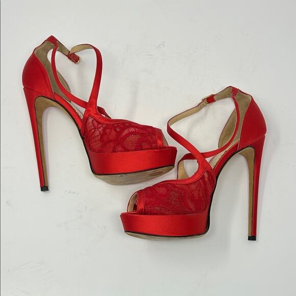 Marchesa Red Lace Satin Party Peep Toe Heels Pumps Size 38.5 0059 - Picture 5 of 10